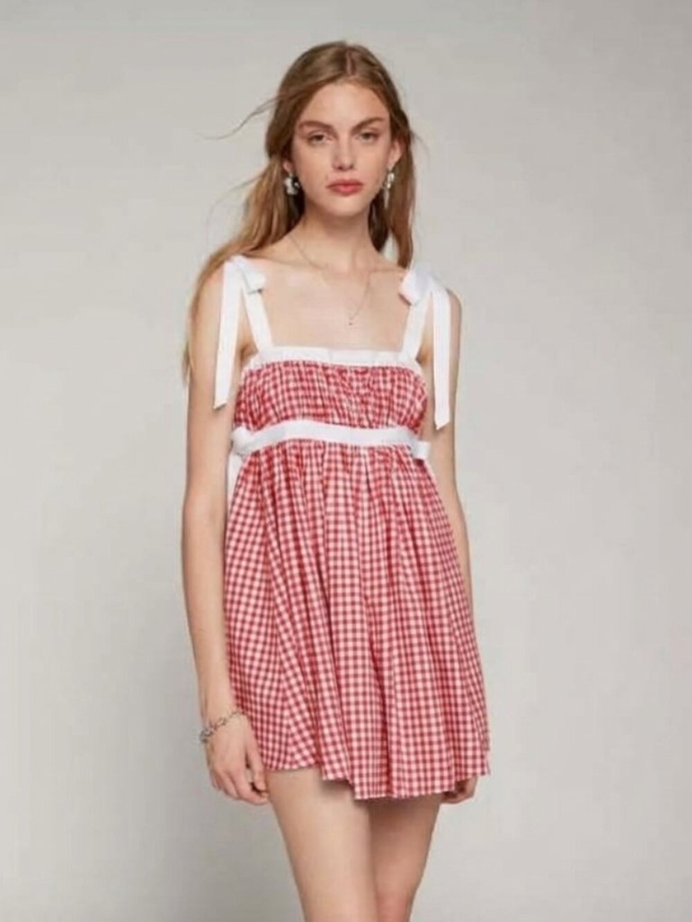 UO Urban Outfitters Kimchi Blue Georgie Gingham Babydoll Mini Dress - Red - S